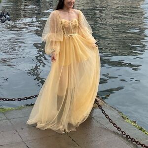 Princess tulle extra long tail maxi dress mustard yellow